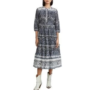 Cleobella Dalia Midi Dress Block‎ Print Organic Cotton Blue Small